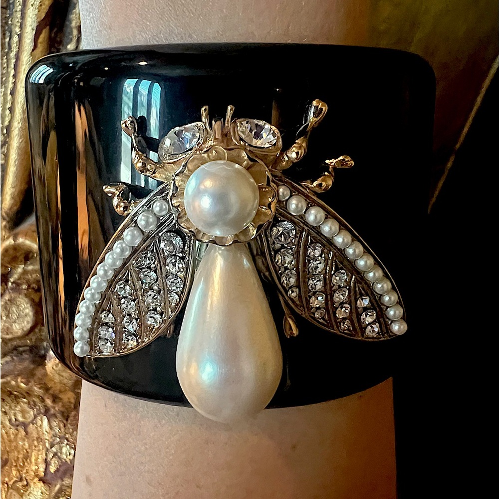 Crystal and simulated pearl encrusted black bee cuff bracelet- perfect